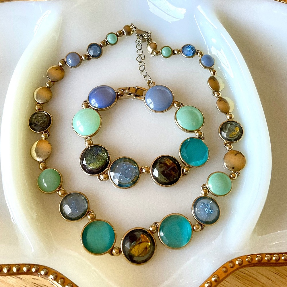 Vintage Liz Claiborne Gold Tone Earth Tone Cabochon Statement Necklace Boho